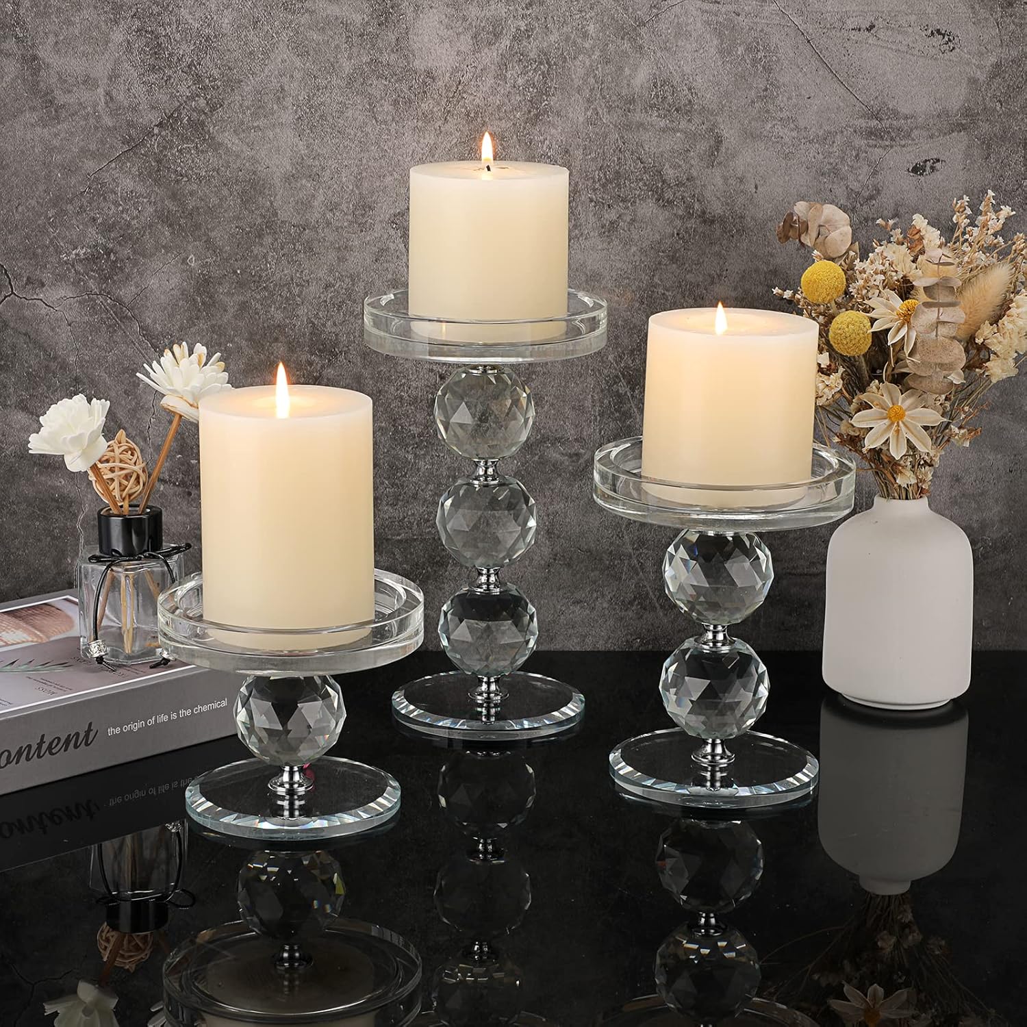 OwnMy Crystal Glass Pillar Candlestick Holders - Set of 3 Modern Tealight Votive Stands for Weddings & Home Decor