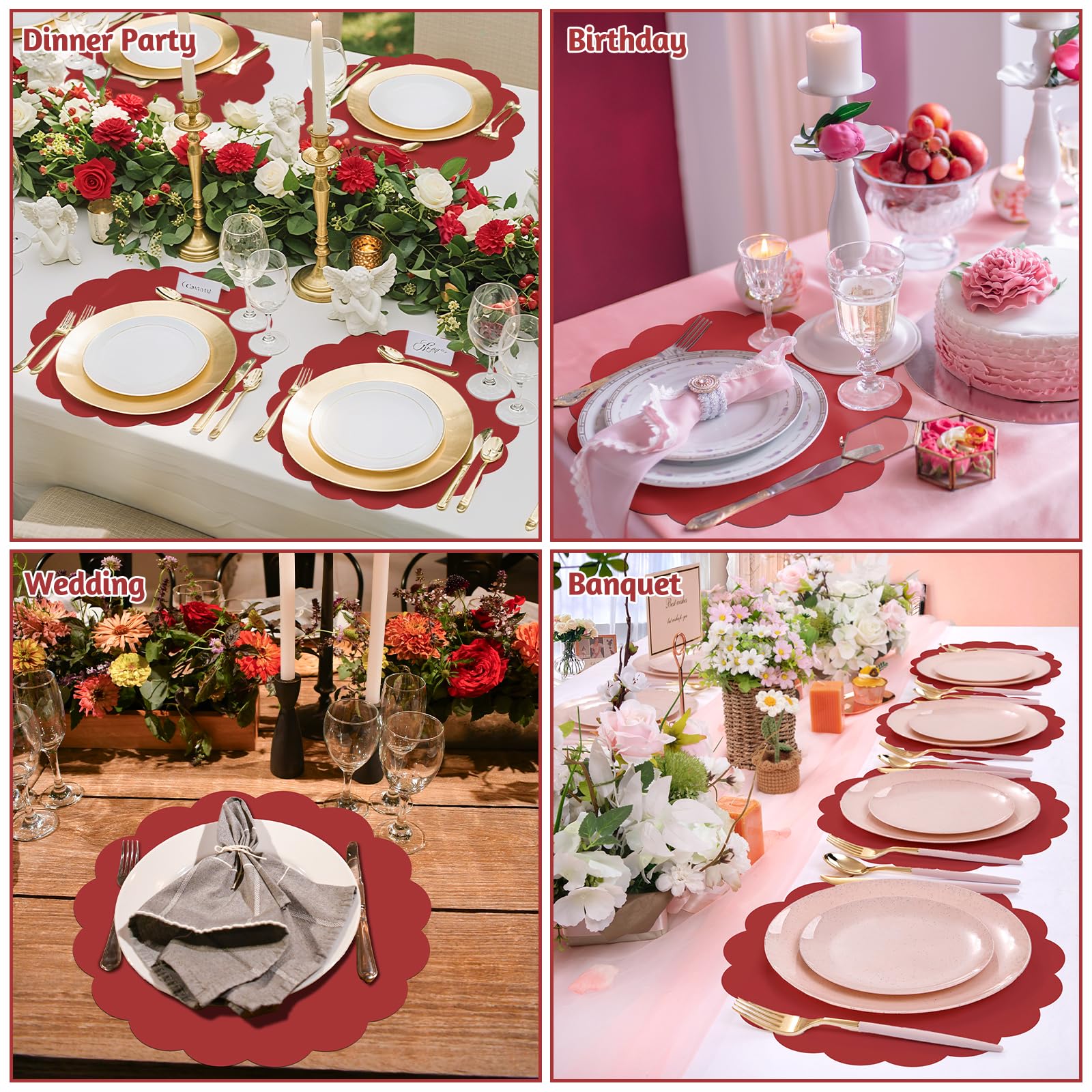 60 Pcs Red Paper Placemats, 13.5 Inch Mother's Day Placemat Disposable Scalloped Place Mat Round Table Place Mats Decorative Paper for Mothers Day Anniversay Birthday Wedding Banquet Holiday Party