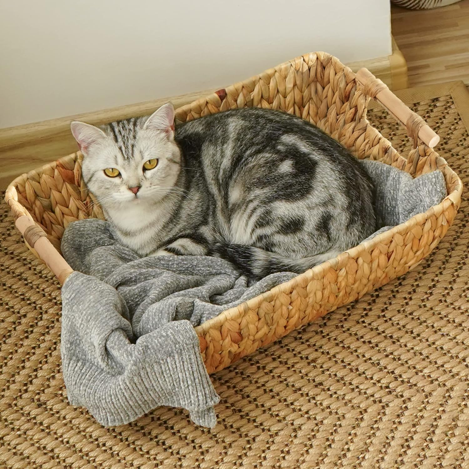 StorageWorks Hand-Woven Storage Baskets - Stylish Water Hyacinth Organizers with Wooden Handles | 2 Pack