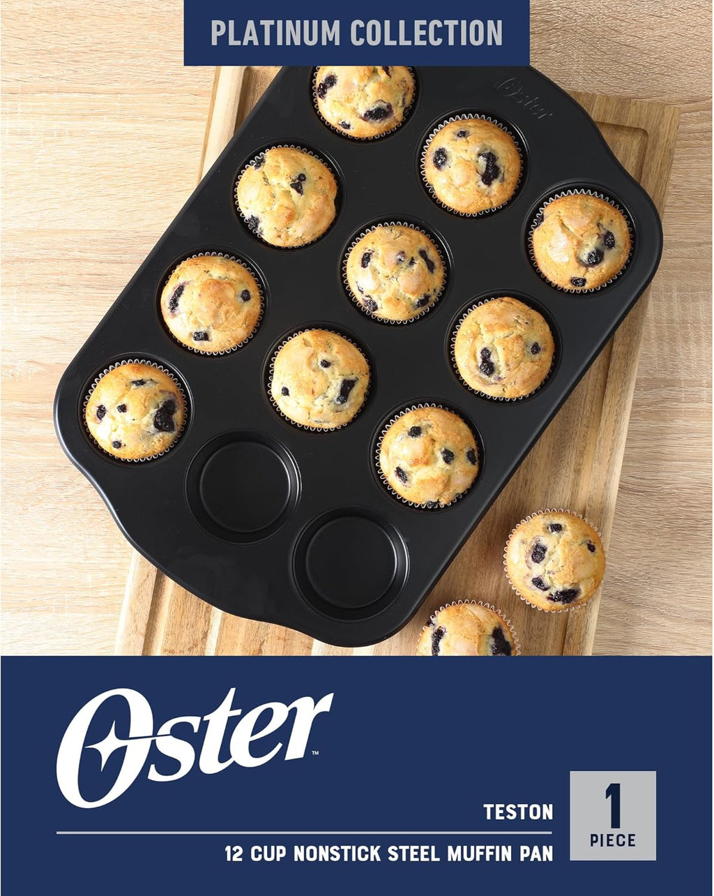 Oster Teston 12-Cup Muffin Pan - Nonstick Carbon Steel Bakeware | PFAS-Free, Easy Release, Matte Black