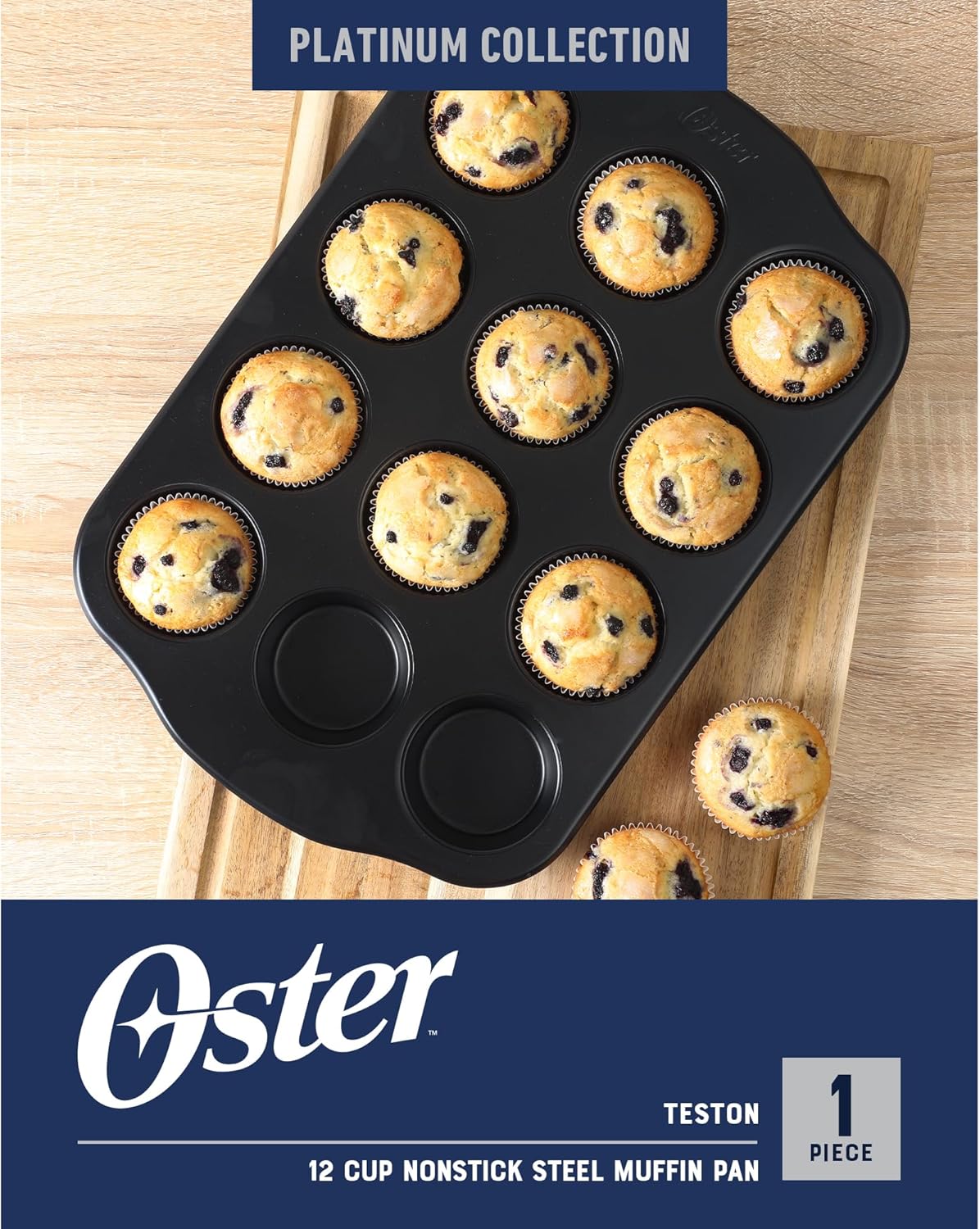 Oster Teston 12-Cup Muffin Pan - Nonstick Carbon Steel Bakeware | PFAS-Free, Easy Release, Matte Black