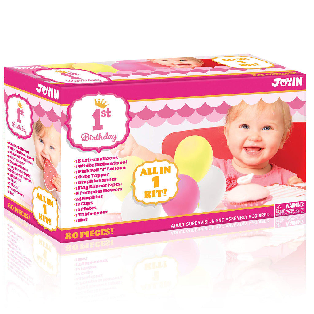 JOYIN 1st Girl Birthday Supplies Decoration Wild Set (Happy Banners, Hat, Foil Balloon Confetti Balloon, Cake Topper, Plates, Cups, Napkins, Tableware, Pom-poms Balls) for One Baby First Bday Party.