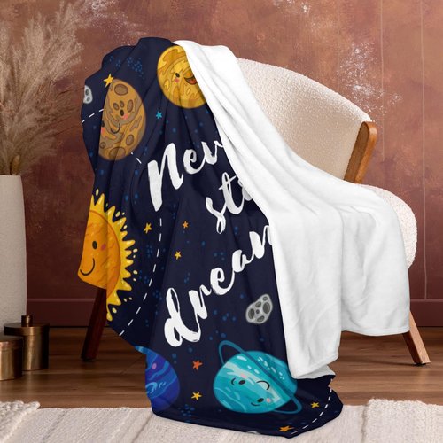 Space Blanket for Kids, Cute Outer Space Never Stop Dreaming Solar System Fuzzy Flannel Exploring Throw Blanket for Boys Girls Soft Cozy Plush Imagination Blanket for Couch Home Bedroom 50x40 inches