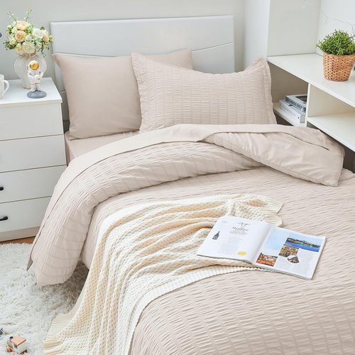 HYMOKEGE Twin XL Comforter Set - 5-Piece Seersucker Bedding Set for All-Season Luxury | Beige