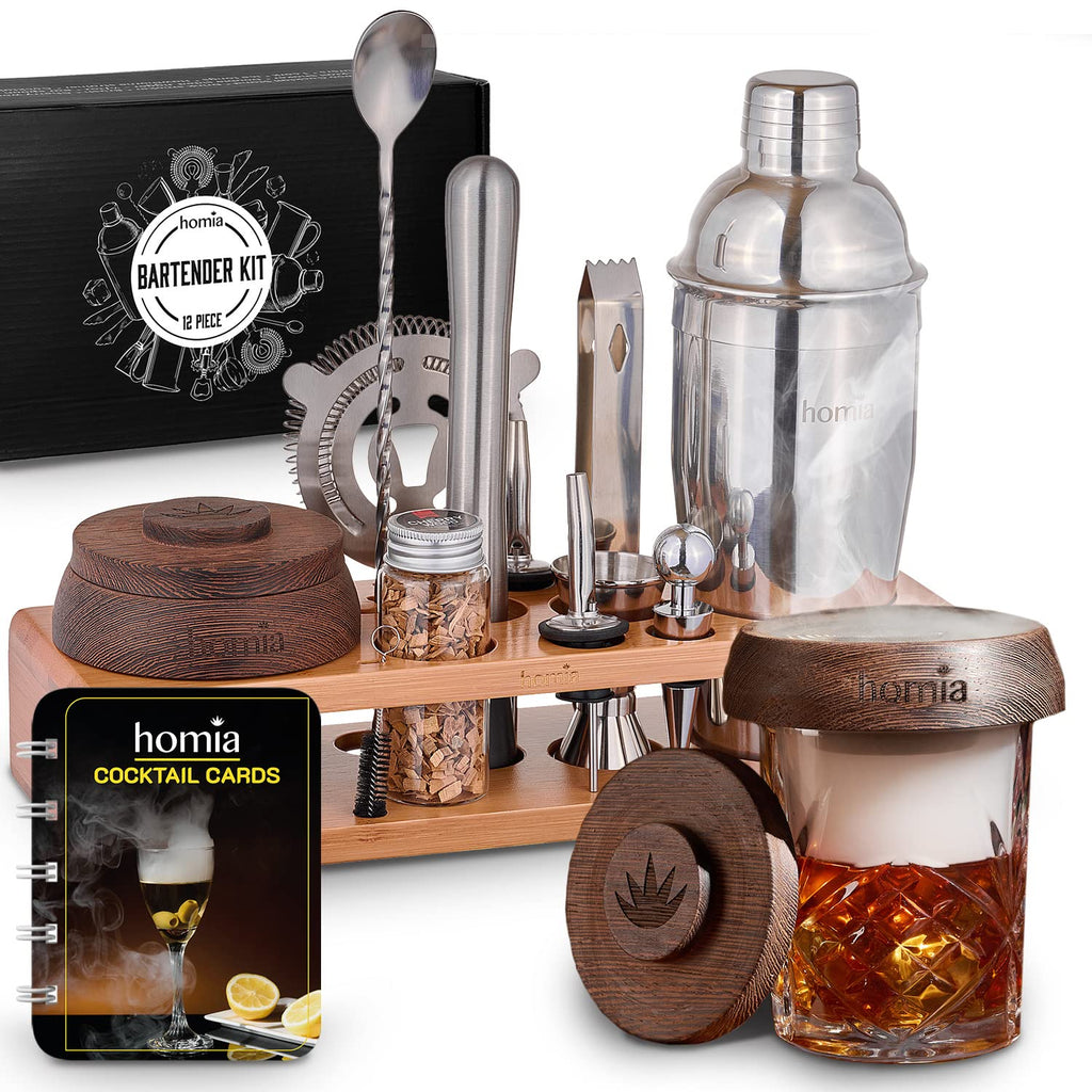 Bartender Kit with Whiskey Smoker - 13 pcs, Bamboo Stand - Bar Set with Cocktail Shaker, Bartending Kit with Essential Bar Accessory Tools, Wood Chips, Black Matte