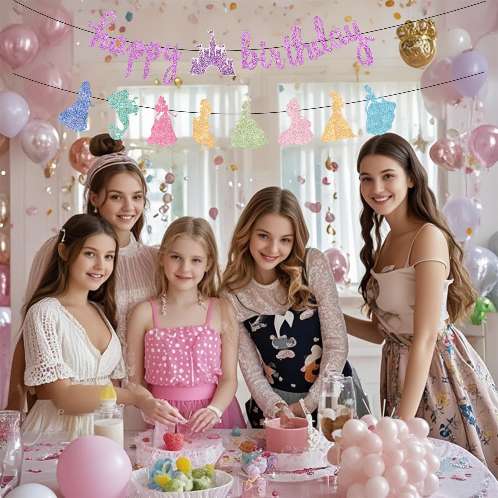 Neyeidru Princess Birthday Banner Decorations - Pink Happy Birthday Garland Glitter Bunting for Girls Coquette Birthday Party Decorations Favor Supplies