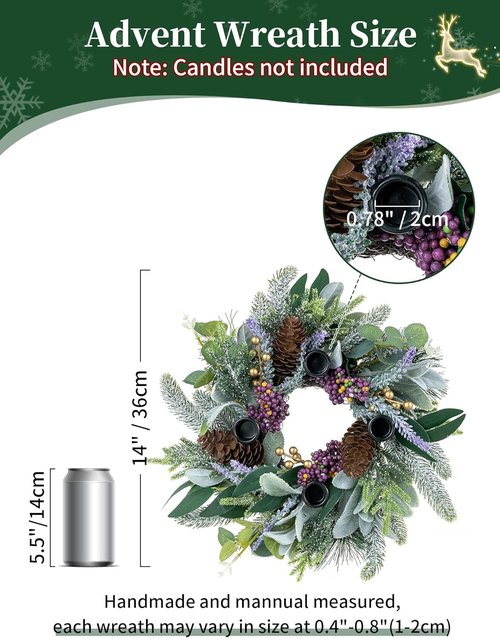 BLOSMON Advent Wreath - 14-Inch Christmas Candle Holder Ring for Festive Table Decor | Pine Berry Design