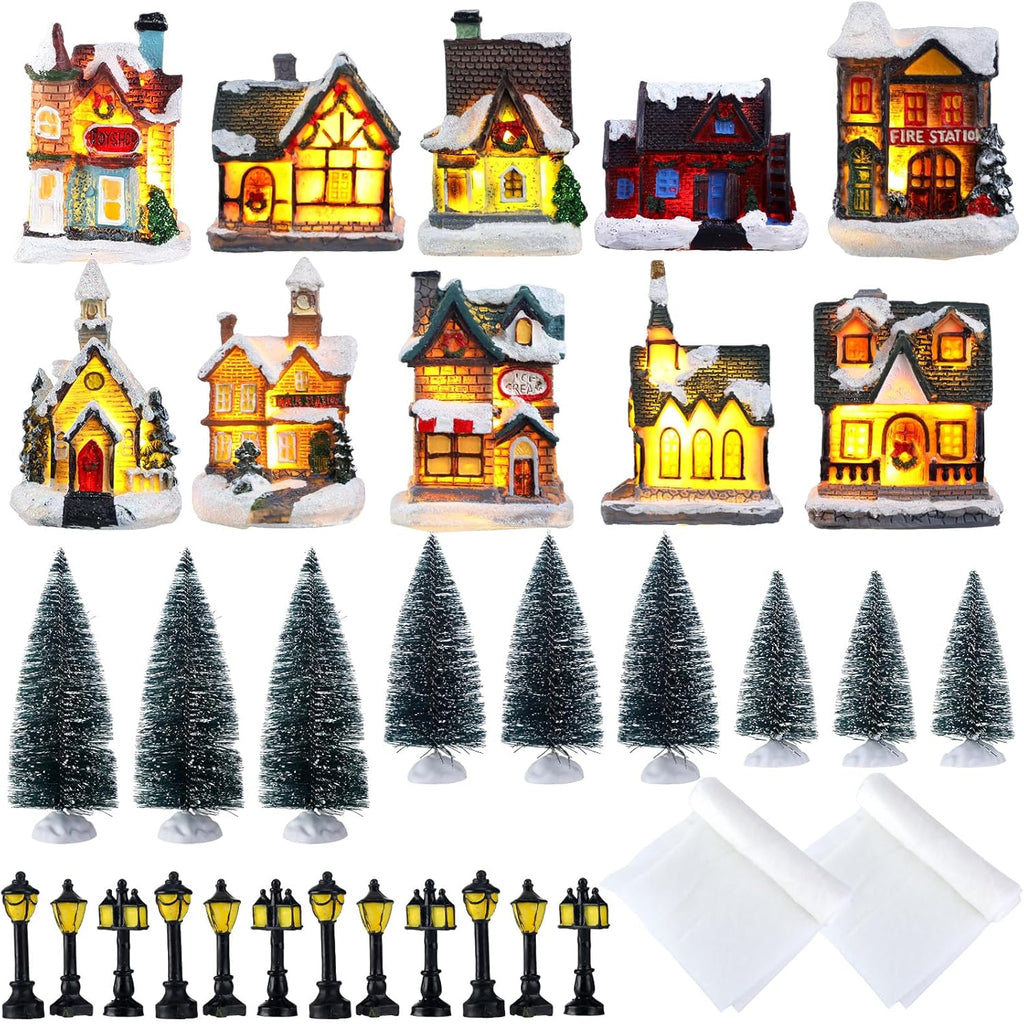 Shappy Christmas Village Houses Set - 48 Pcs with 10 LED Lights, Mini Trees & Snow Blanket