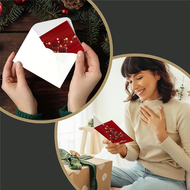 Dark Red Christmas Cards Set 80 with Gold Foil & Embossing, 6.75 x 4.5 Inl Envelopes & Seal Stickers (5 Pack) – Variation: Dark Red+80 Cards
