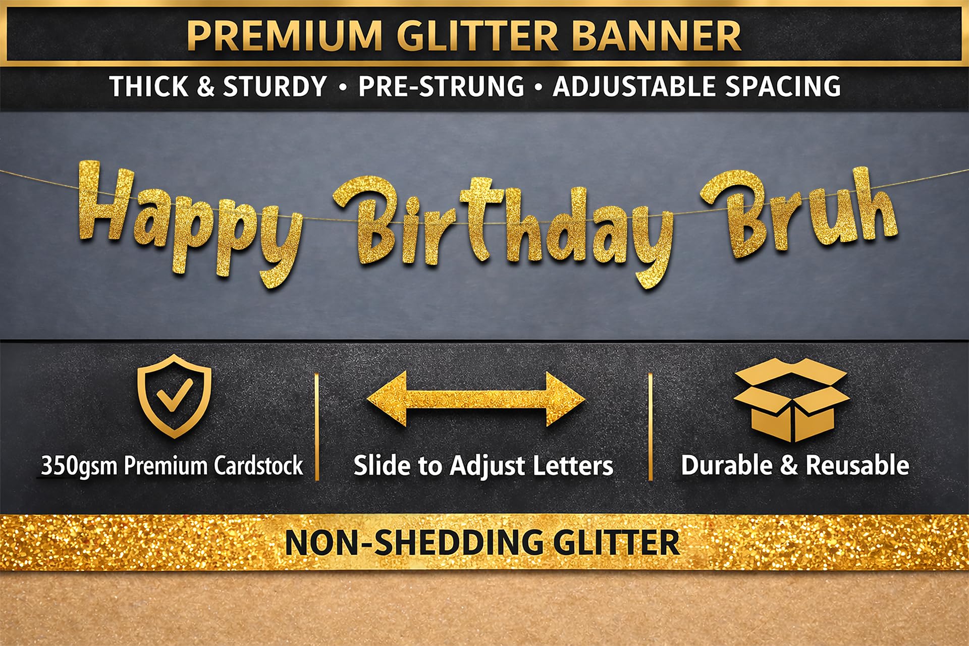 Pre-Strung Happy Birthday Bruh Gold Glitter Banner - Funny Birthday Decorations for Teen Boys and Girls - Party Supplies and Gifts