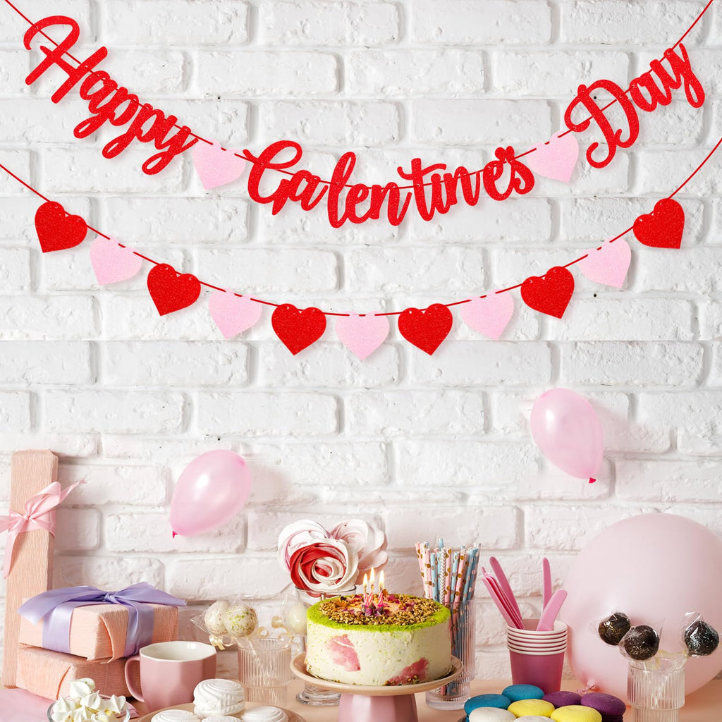 Red Glitter Happy Galentine's Day Banner Happy Galentines Day Decorations With Felt Heart Garland Banner Galentines Day Sign for Ladies Girls Galentines Decor Galentines Day Party Supplies Photo Props