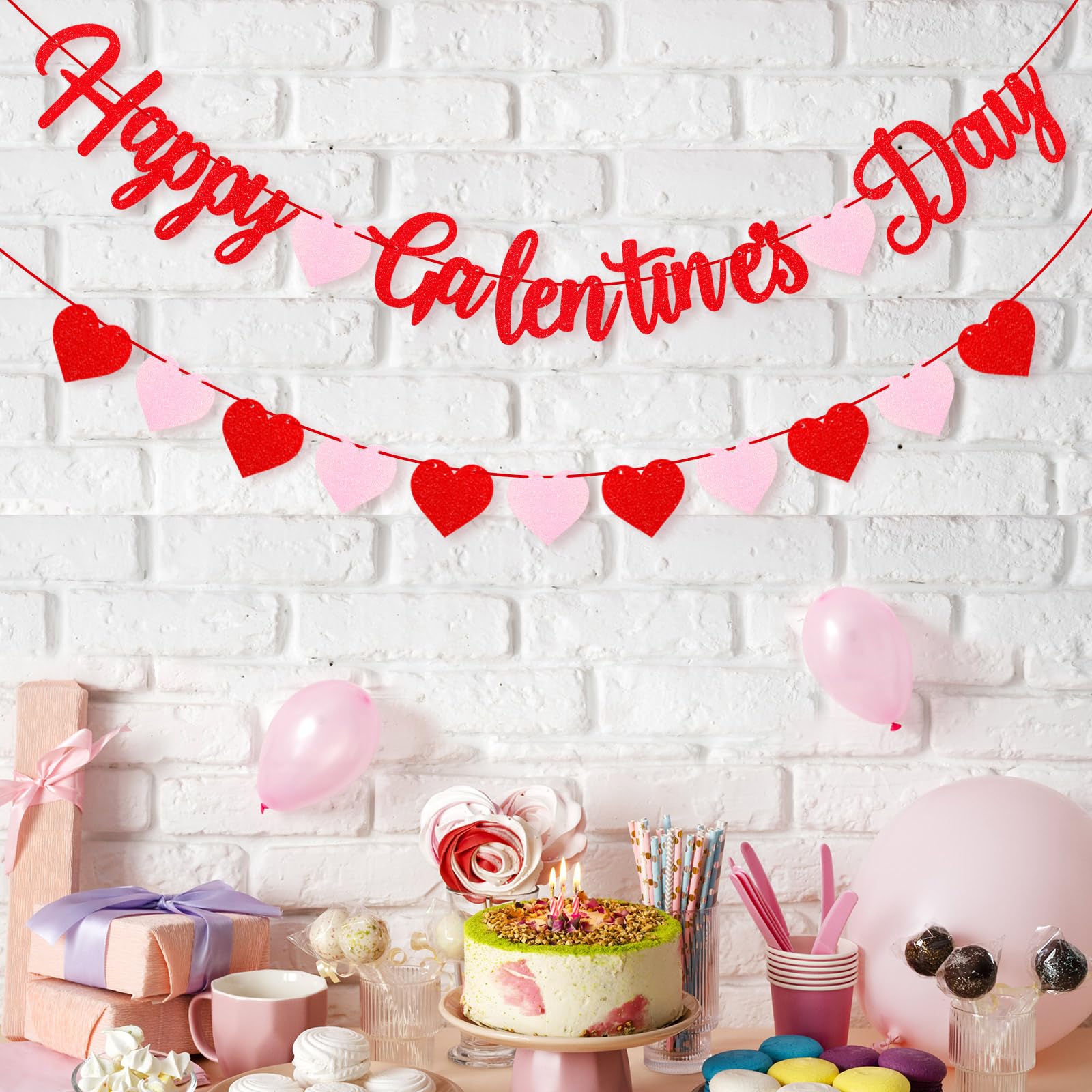 Red Glitter Happy Galentine's Day Banner Happy Galentines Day Decorations With Felt Heart Garland Banner Galentines Day Sign for Ladies Girls Galentines Decor Galentines Day Party Supplies Photo Props
