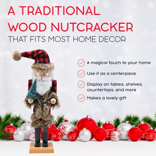 Ornativity Christmas Nostalgic Santa Nutcracker – Red and Black Wooden Nut Cracker Santa Clause Man with Buffalo Brown Fur Plaid Coat Holding a Xmas Tree Themed Holiday Doll Figure Decorations 15"