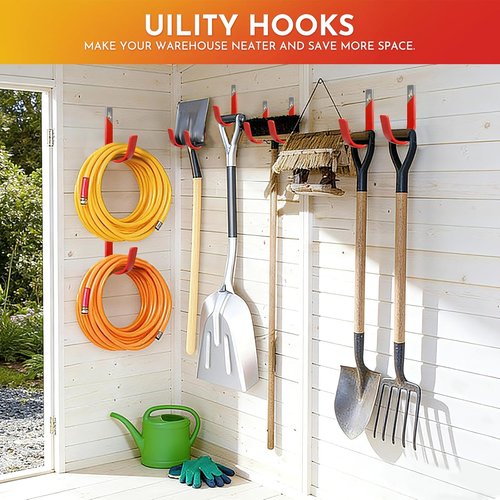 Heavy Duty Metal Garage Hooks - Wall Mount Utility Storage Hangers | 2 Pack for Garage & Garden, Red