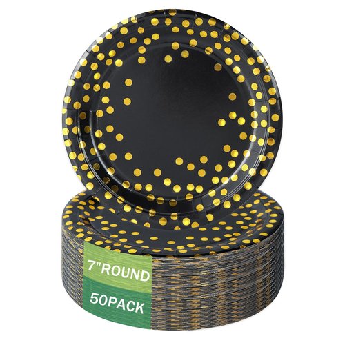qonimi 50 Pcs Black and Gold Paper Plates 7 Inches Gold Foil Dot Disposable Dessert Party Paper Plates Party Supplies for Birthday Graduation Wedding Holiday Christmas