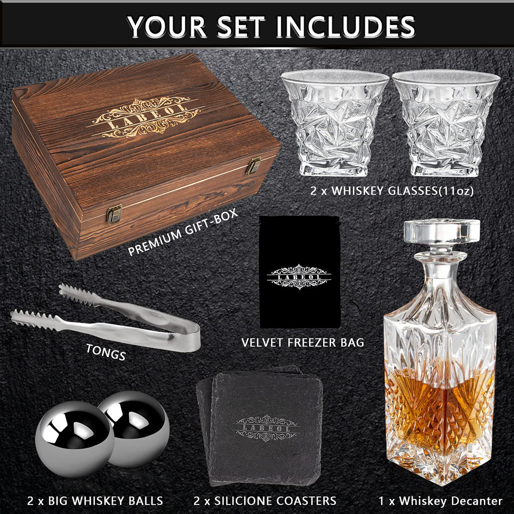 Whiskey Decanter Set, Whiskey Stones Gift Set for Men, Gifts Box with Reusable Stainless Steel Balls, Glasses, Decanter, Slate Coasters and Tongs for Dad, Boyfriend