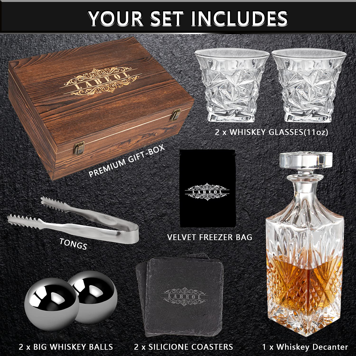 Whiskey Decanter Set, Whiskey Stones Gift Set for Men, Gifts Box with Reusable Stainless Steel Balls, Glasses, Decanter, Slate Coasters and Tongs for Dad, Boyfriend