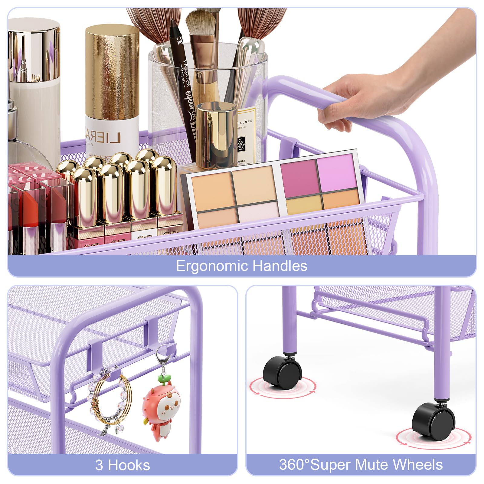 TOOLF 4-Tier Rolling Cart, Metal Utility Cart with 3 Hooks, Easy Assemble Mobile Storage Trolley On Wheels, Metal Shelving Units Kitchen Bathroom Laundry Room