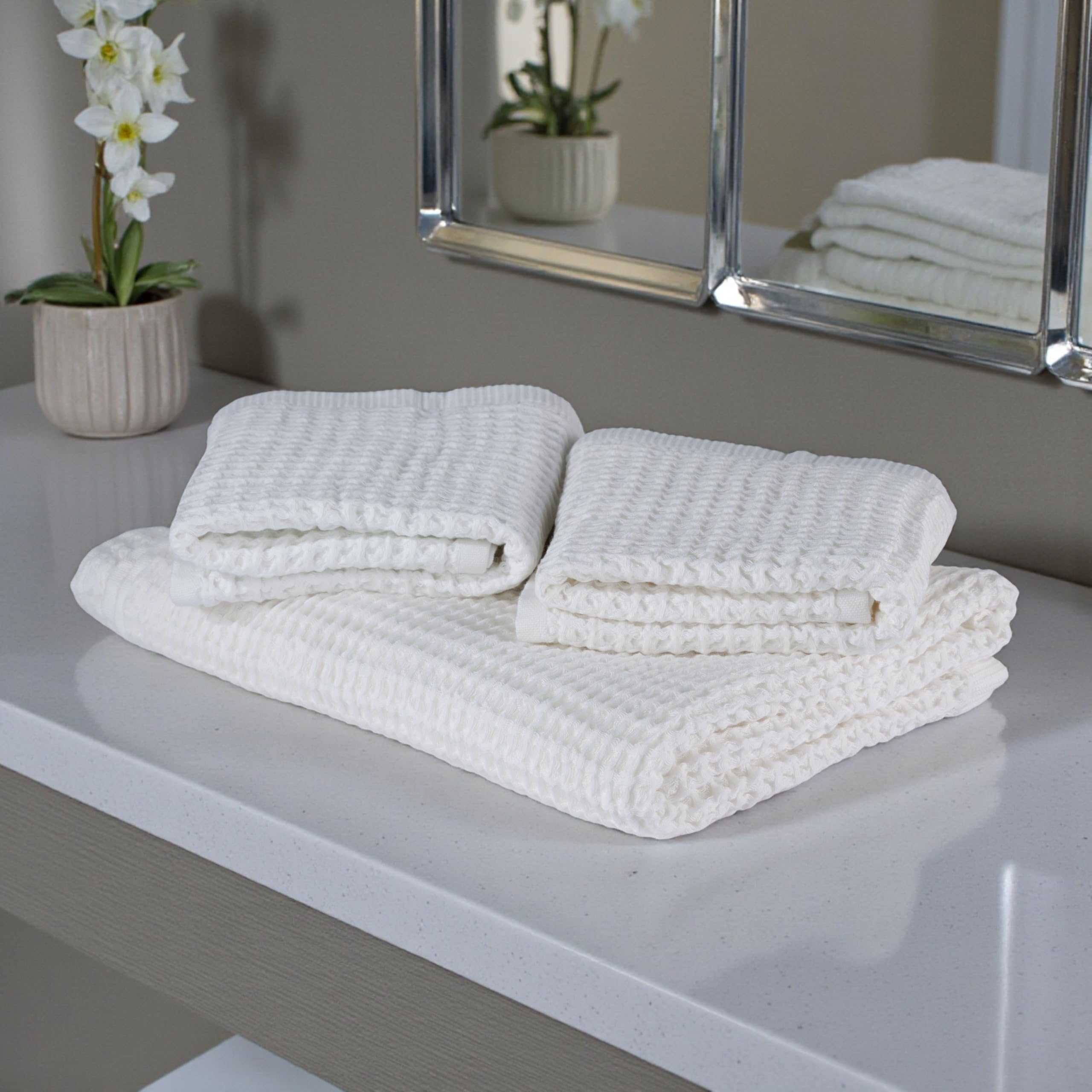 DEMMEX Organic Cotton Waffle Turkish Hand Towels for Bathroom & Kitchen, Large 20x30 in, 100% Oeko-TEX Certified Ultra Soft Turkish Cotton, Lightweight Quick Dry Waffle Weave, Set 2 (Crisp White)