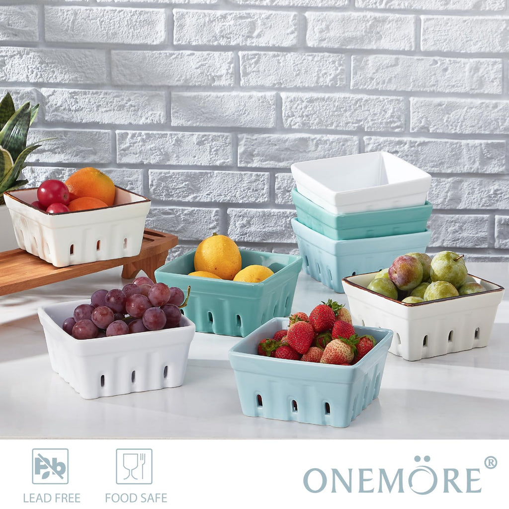 ONEMORE Ceramic Berry Basket Square Fruit Bowls with Holes Berry Bowl Colander Fruit Basket for Kitchen Décor - 5.8" Berry Containers for Fridge, Set of 2, Cream White
