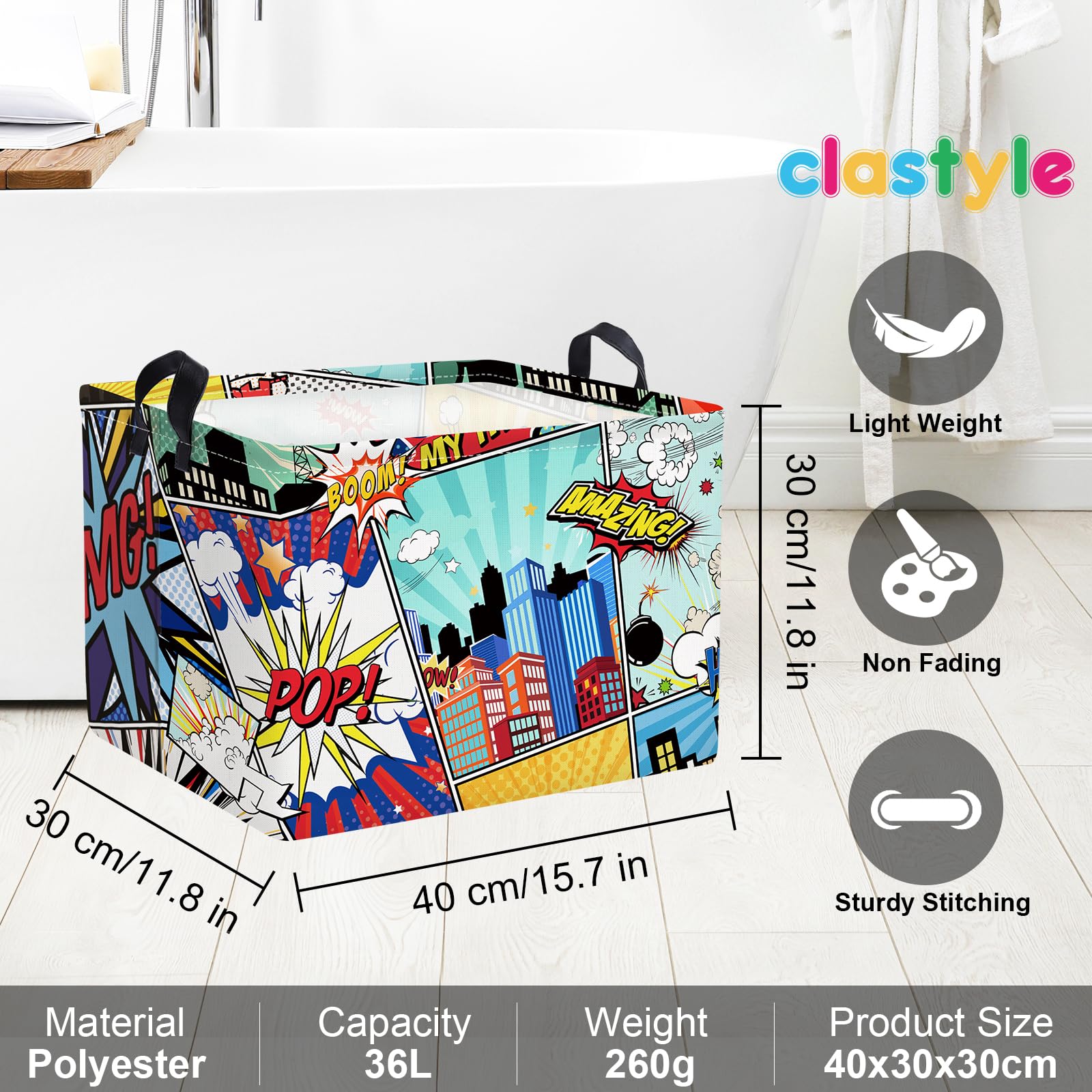Clastyle 36L Rectangle Blue Comics Hero Kid Storage Basket Collapsible City Building Clothes Toy Nursery Bin Book Shelf Basket