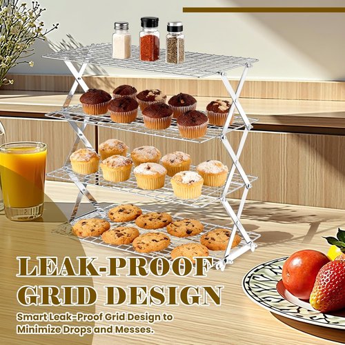 BEWOS 4-Tier Collapsible Cooling Rack - Adjustable Stainless Steel Baking Rack with Leak-Proof Mesh