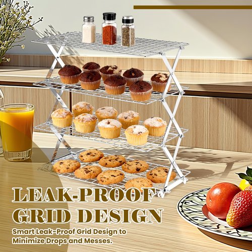 BEWOS 4 Tier Collapsible Cooling Rack - Adjustable Stainless Steel Baking Rack with Leak-Proof Mesh, X-Shaped Structure Cooling Rack for Cooking and Baking, Dishwasher Safe