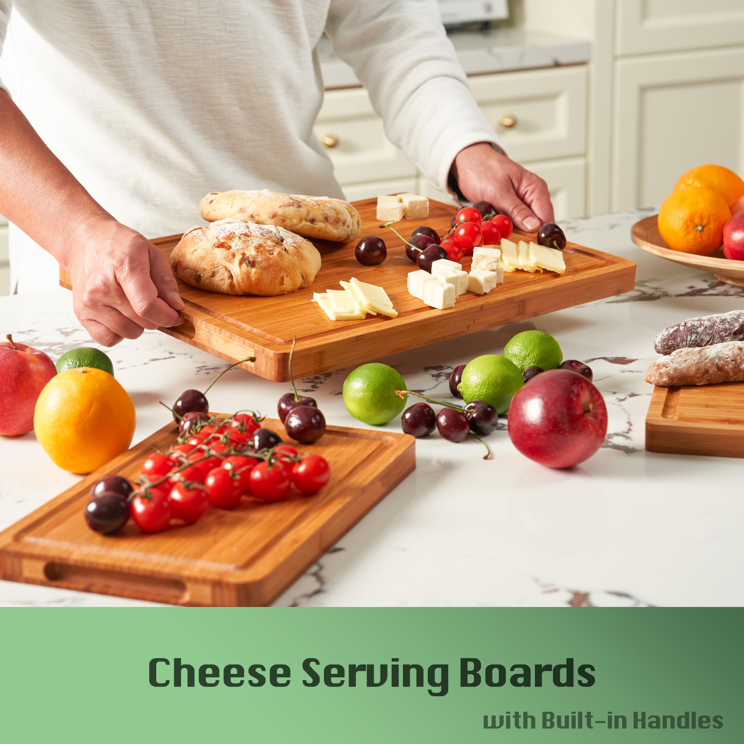 Allsum Carbonized Bamboo Wood Cutting Boards for Kitchen, 1” Thick Wooden Butcher with Juice Grooves and Handles, Cute Cheese Charcuterie Boards as a Gift for Chef, Family, 3 Pack