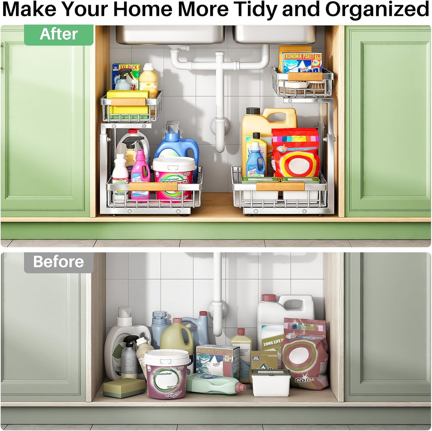 Under Sink Organizer by Skiennix - Stainless Steel 2-Tier Storage Solution | Pull-Out Cabinet Shelf