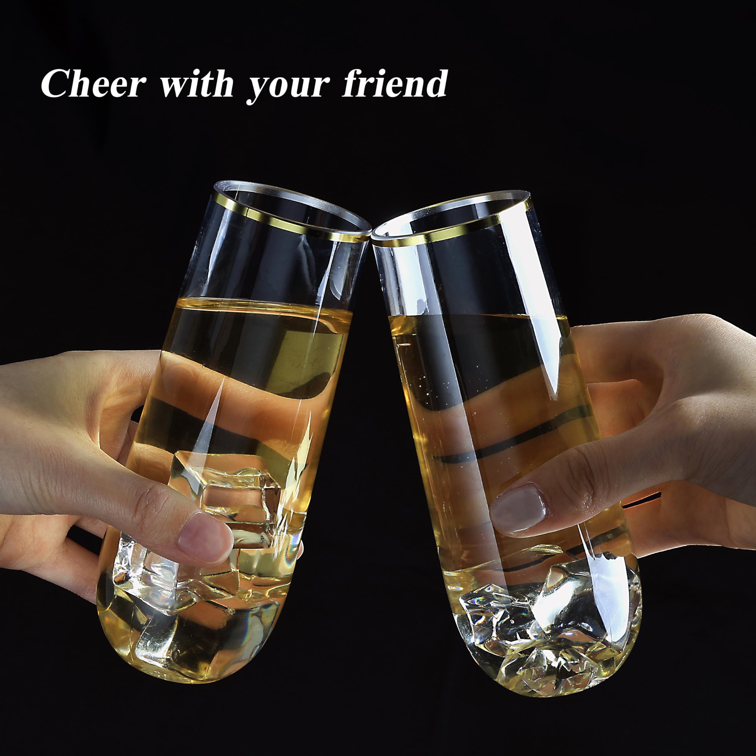 Bestluck 48 Pack 9 oz Stemless Plastic Champagne Flutes, Clear Disposable Champagne Glasses Gold Rim, Shatterproof and BPA-Free Drinkware for Party & Graduation & Wedding