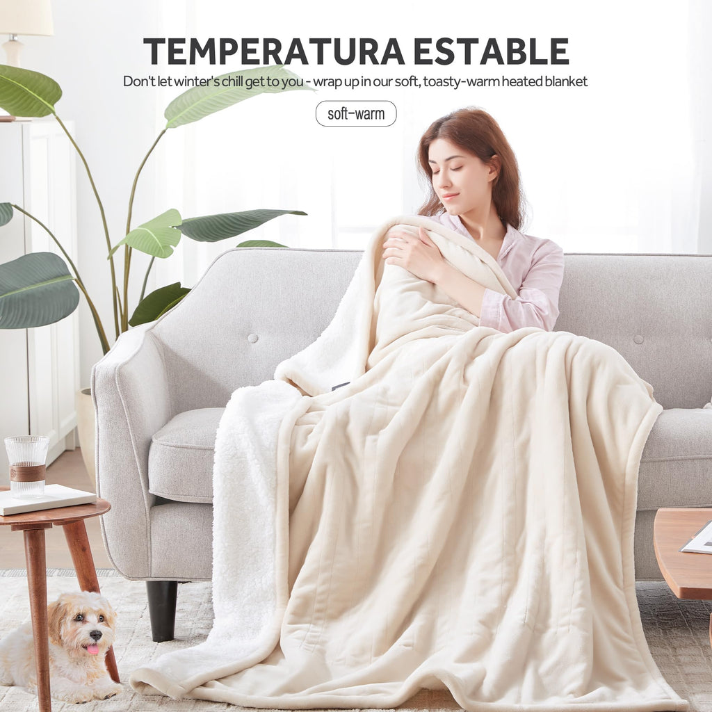 Warmrest Heated Blanket Electric Throw Soft Flannel Sherpa, 6 Heat Levels Fast Heating, 2 to 10 Hours Auto-Off Detachable Controller Machine Washable, Beige 50"x60"