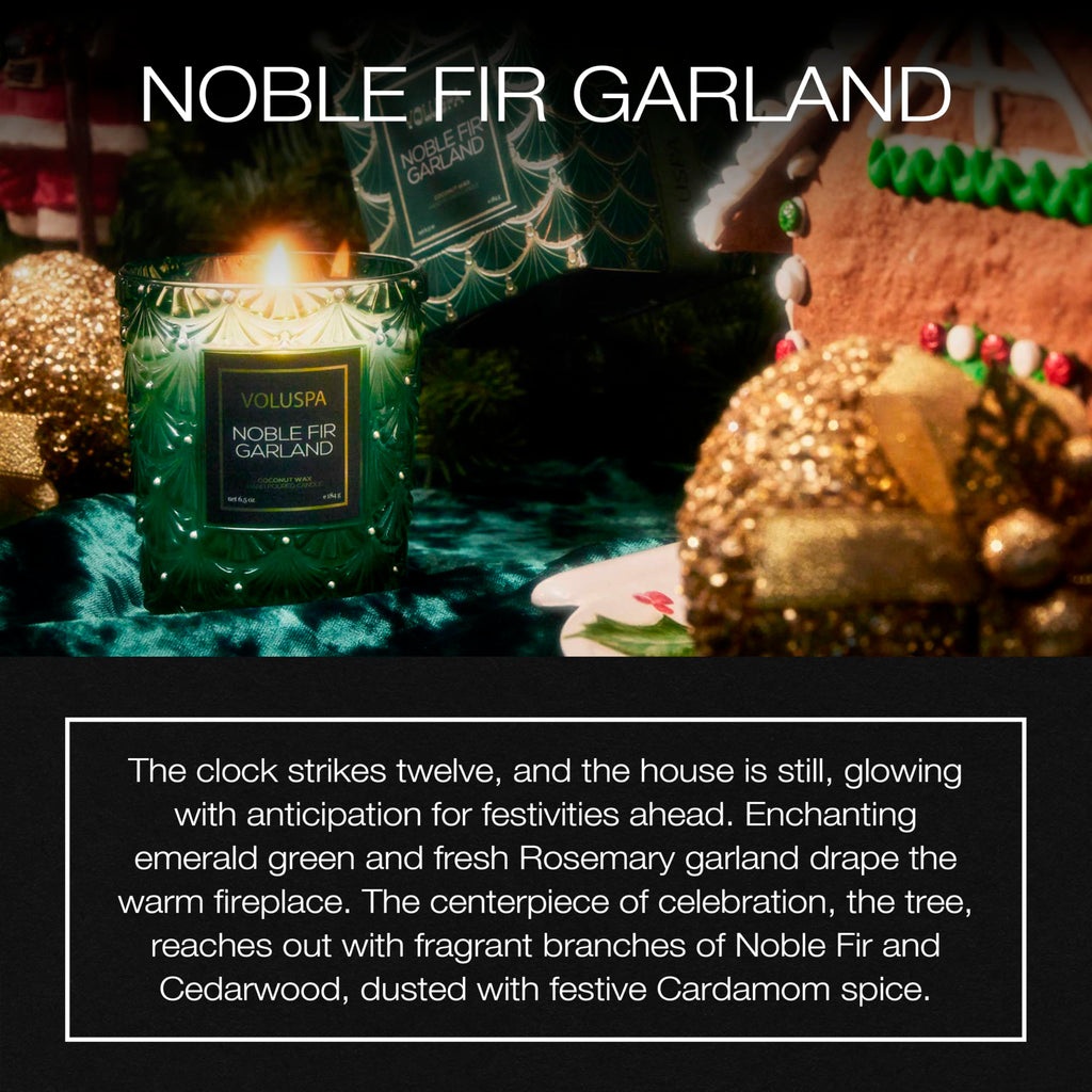 Voluspa Noble Fir Garland Boxed Candle, 6.5 oz, Coconut Wax Blend, Scented Candles for Home, 40 Hour Burn Time, Handcrafted in the USA