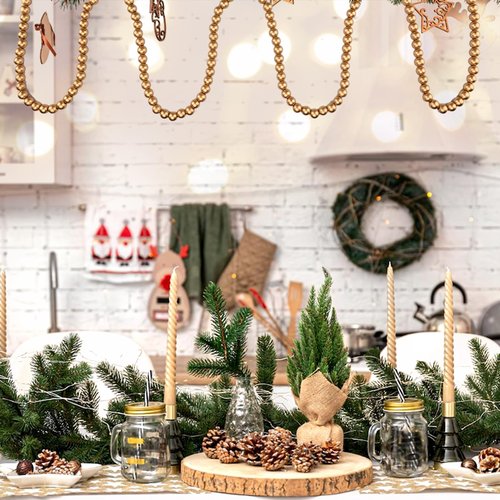 2 Pack Christmas Wood Bead Garland, Gold Round Bead Garland Christmas Tree Decoration Farmhouse Wall Hanging Ornaments, 9 Feet & 12 Feet