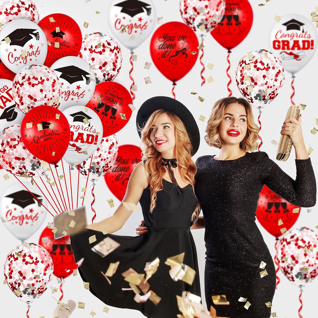 Whaline Graduation Party Balloons Set - 60 Pcs with Confetti & Grad Cap Designs | Red & White