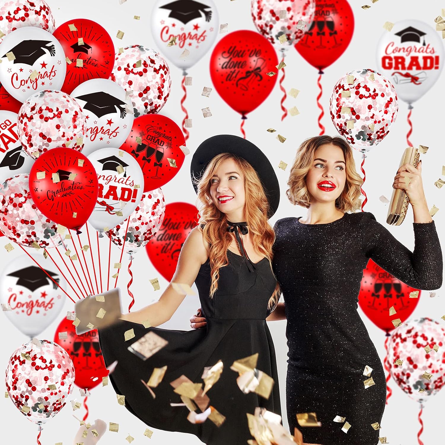 Whaline Graduation Party Balloons Set - 60 Pcs with Confetti & Grad Cap Designs | Red & White
