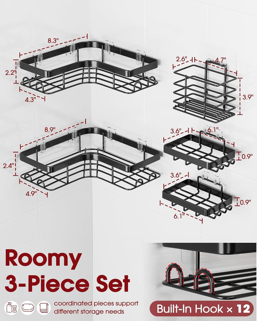 Sakugi Corner Shower Caddy - Rustproof 5-Pack Organizer with Soap & Toothbrush Holder | Large, Black