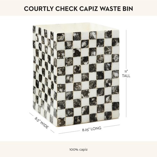 MACKENZIE-CHILDS Capiz Waste Bin, Decorative Bathroom and Bedroom Trash Can, Black-and-White Courtly Check