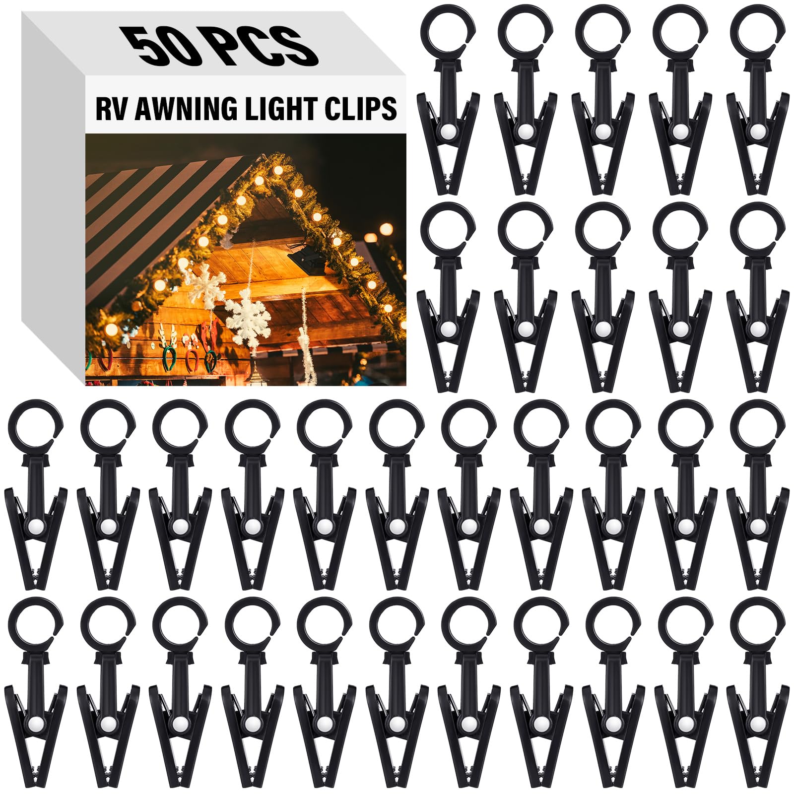 Beeveer 50 Pack Curtain Hooks with Clips RV Camper Awning Lights Clips 360° Trailer Stainless Steel Ring with Hangers for Camper Awning String Lights Photos Display Banner Party Decor(Black)
