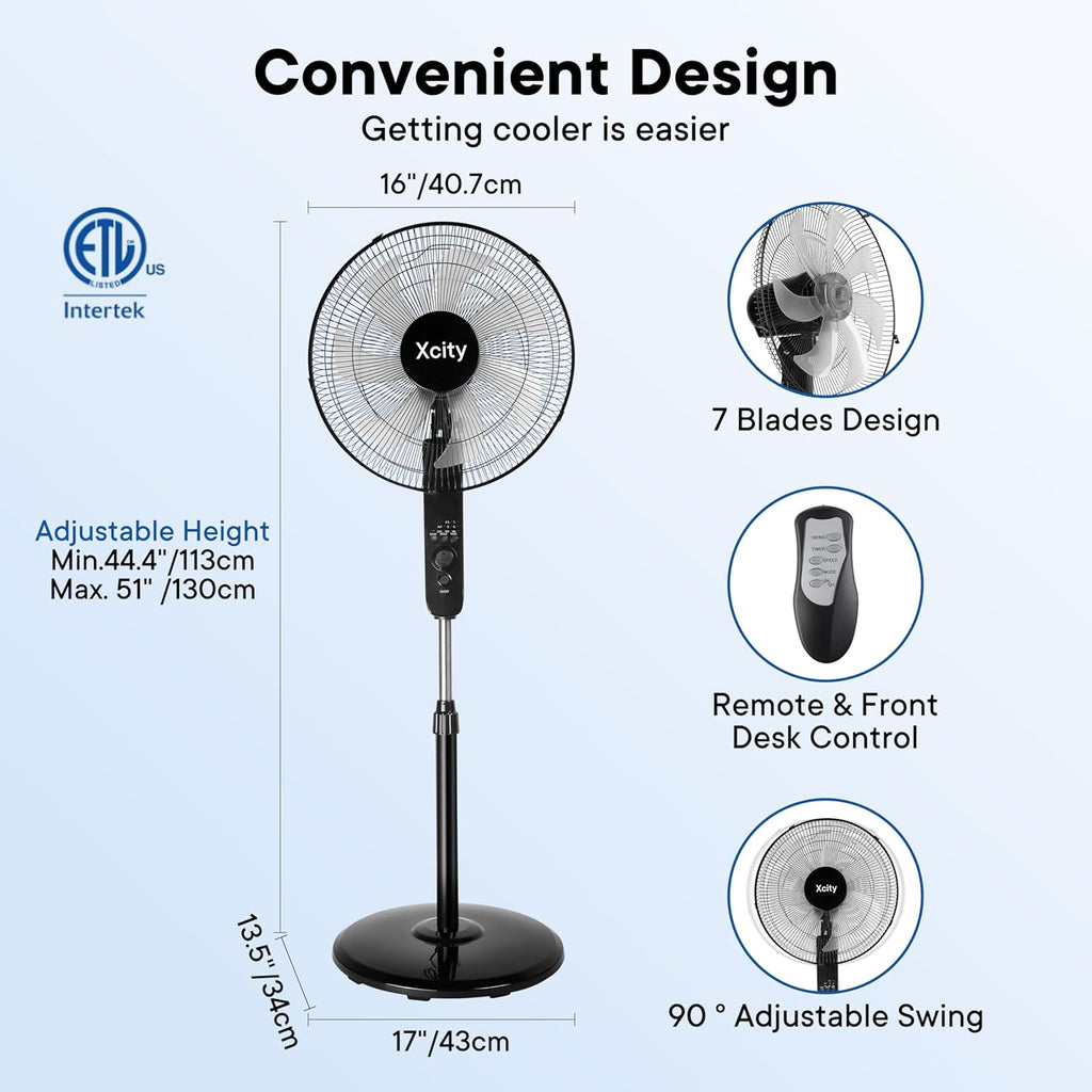 Xcity 16-Inch Oscillating Pedestal Fan - High Velocity, Remote Control, Adjustable Height & Tilt | Quiet for Bedroom & Office