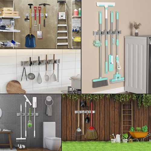 Holikme Wall Mount Mop Broom Holder - Metal Kitchen & Garden Tool Organizer | 4 Positions, Silver