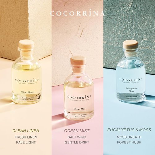 COCORRÍNA Eucalyptus Reed Diffuser Set - 3 Invigorating Scents: Eucalyptus & Moss, Clean Linen, Ocean Mist | 5.1 oz Total