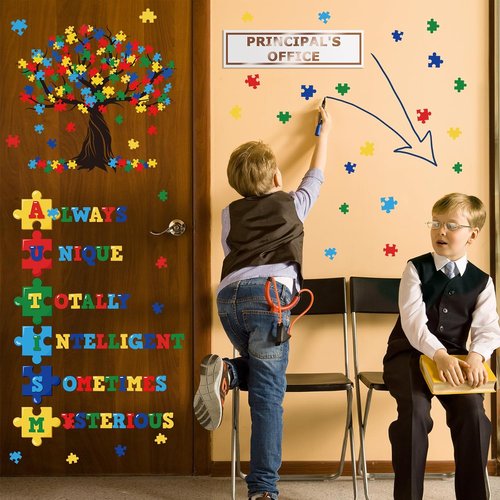 Cinrobiye Autism Awareness Wall Decal - Inspirational Puzzle Piece Tree Design for Classroom & Decor