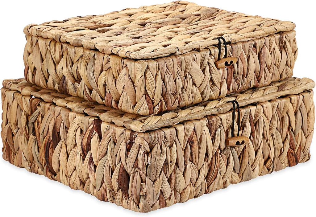 Natural Water Hyacinth Baskets by [Brand Name] - Set of 2 Handwoven Storage Bins with Lids for Home Organization