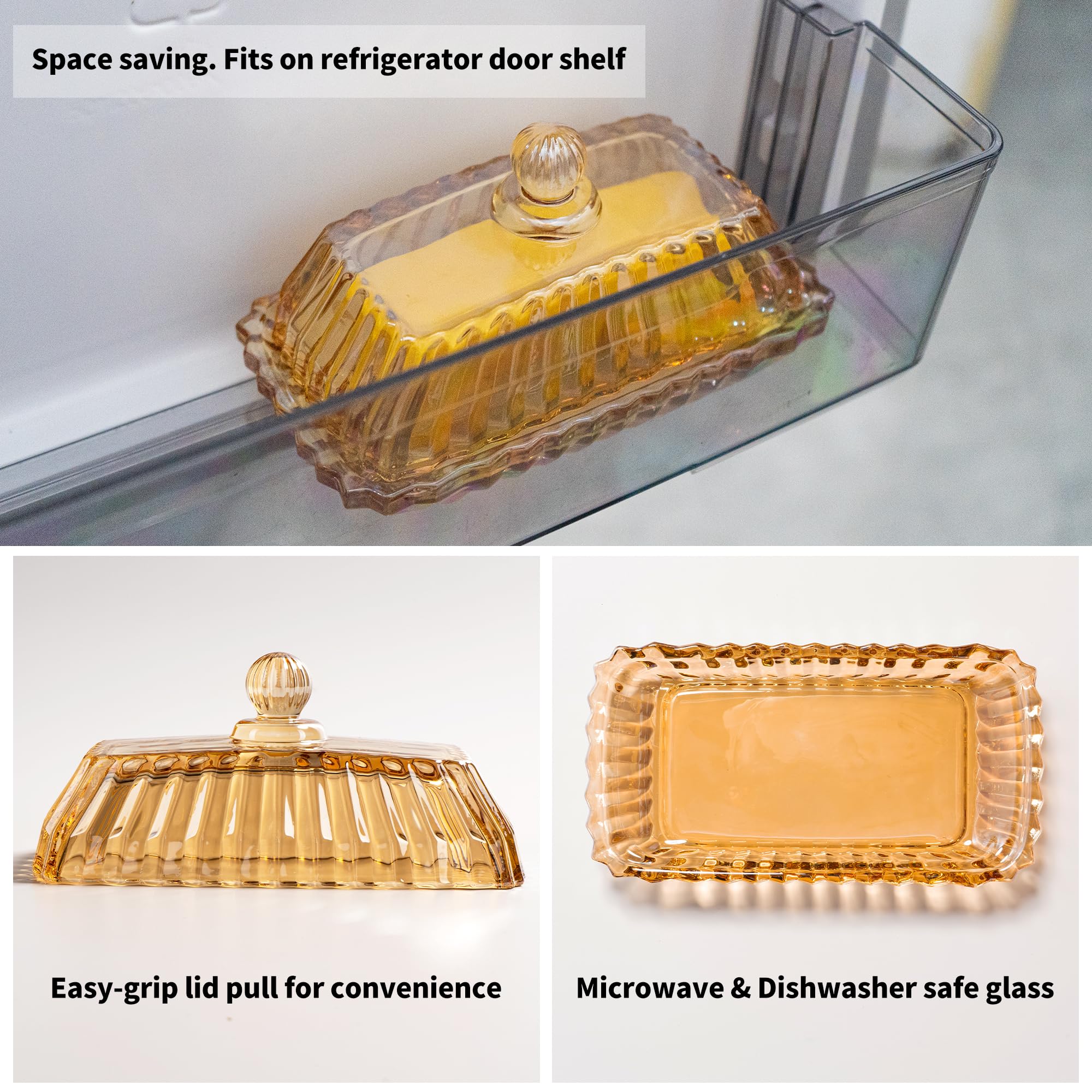 Champagne Color Glass Butter Dish with Lid, Covered Butter Stick Holder Tray, Crystal Glass Butter Storage Container for Kitchen Countertop