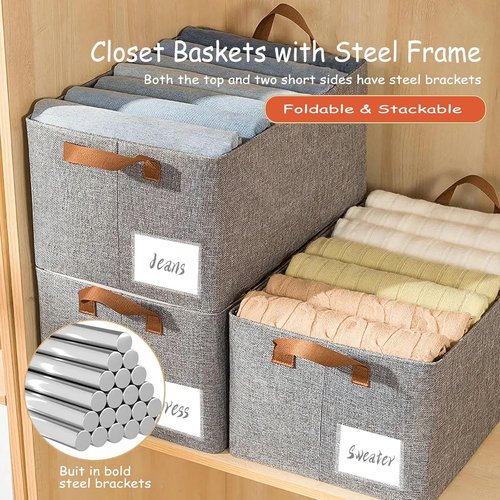 AARAINBOW Linen Closet Organizer - Stackable Fabric Storage Bins with Steel Frame | 4-Pack Gray, 23L