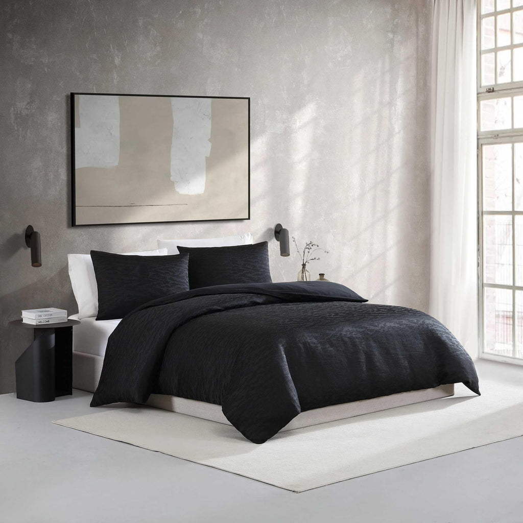 Vera Wang - Queen Duvet Cover Set, Soft Cotton Bedding with a Textured Weave Feel, Button Closure & Inner Corner Ties, 3 Piece Bed Set with Matching Pillowcases (Illusion Black)