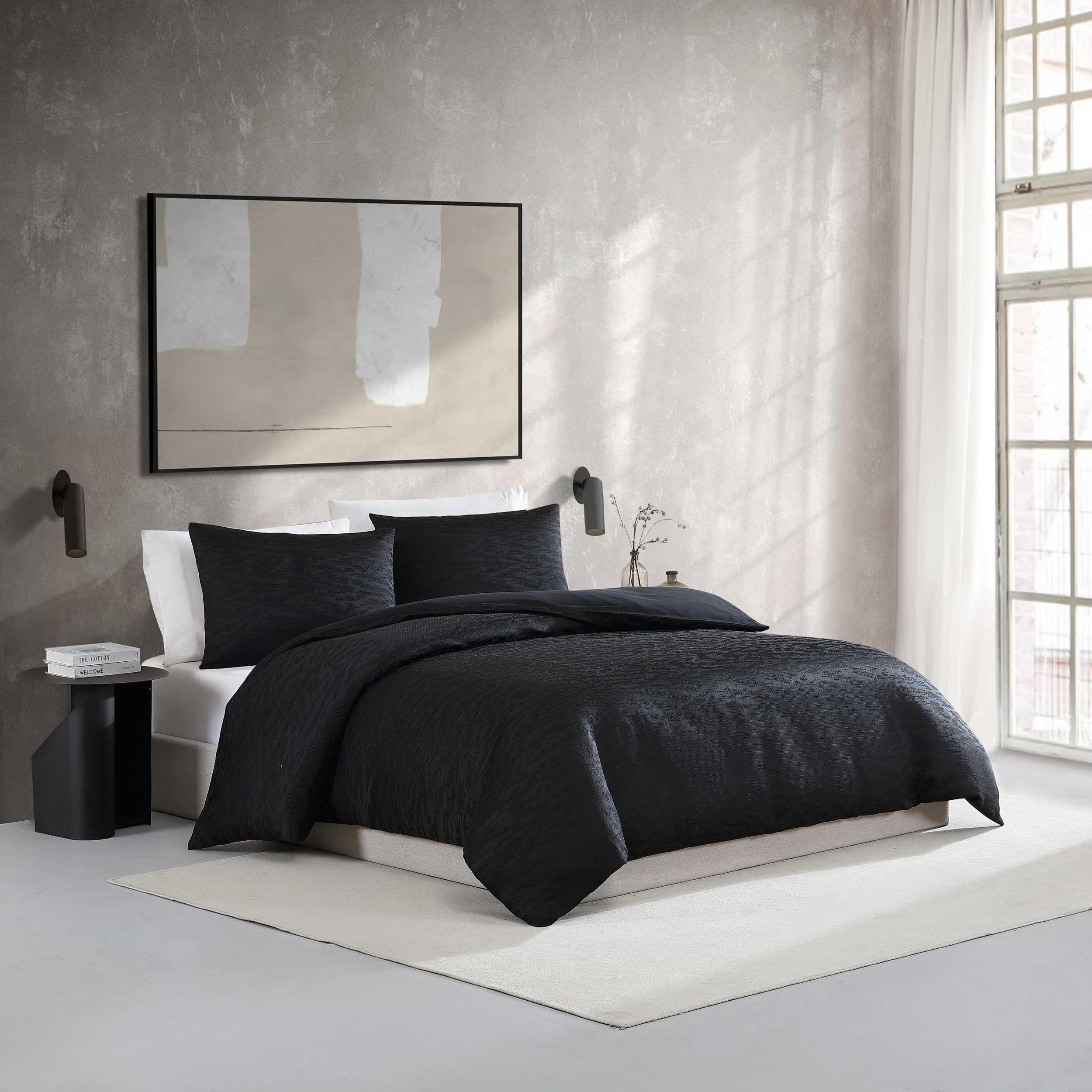 Vera Wang - Queen Duvet Cover Set, Soft Cotton Bedding with a Textured Weave Feel, Button Closure & Inner Corner Ties, 3 Piece Bed Set with Matching Pillowcases (Illusion Black)