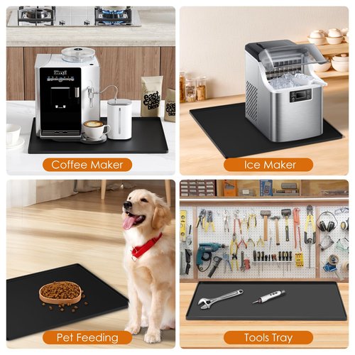 Silicone Coffee Mat with Raised Edges, 20'' x 15'', Keep Tidy for Countertops, Accessories Fit Under Coffee Maker Espresso Machine, Dish Drying Mat, Baking Mat (Black)