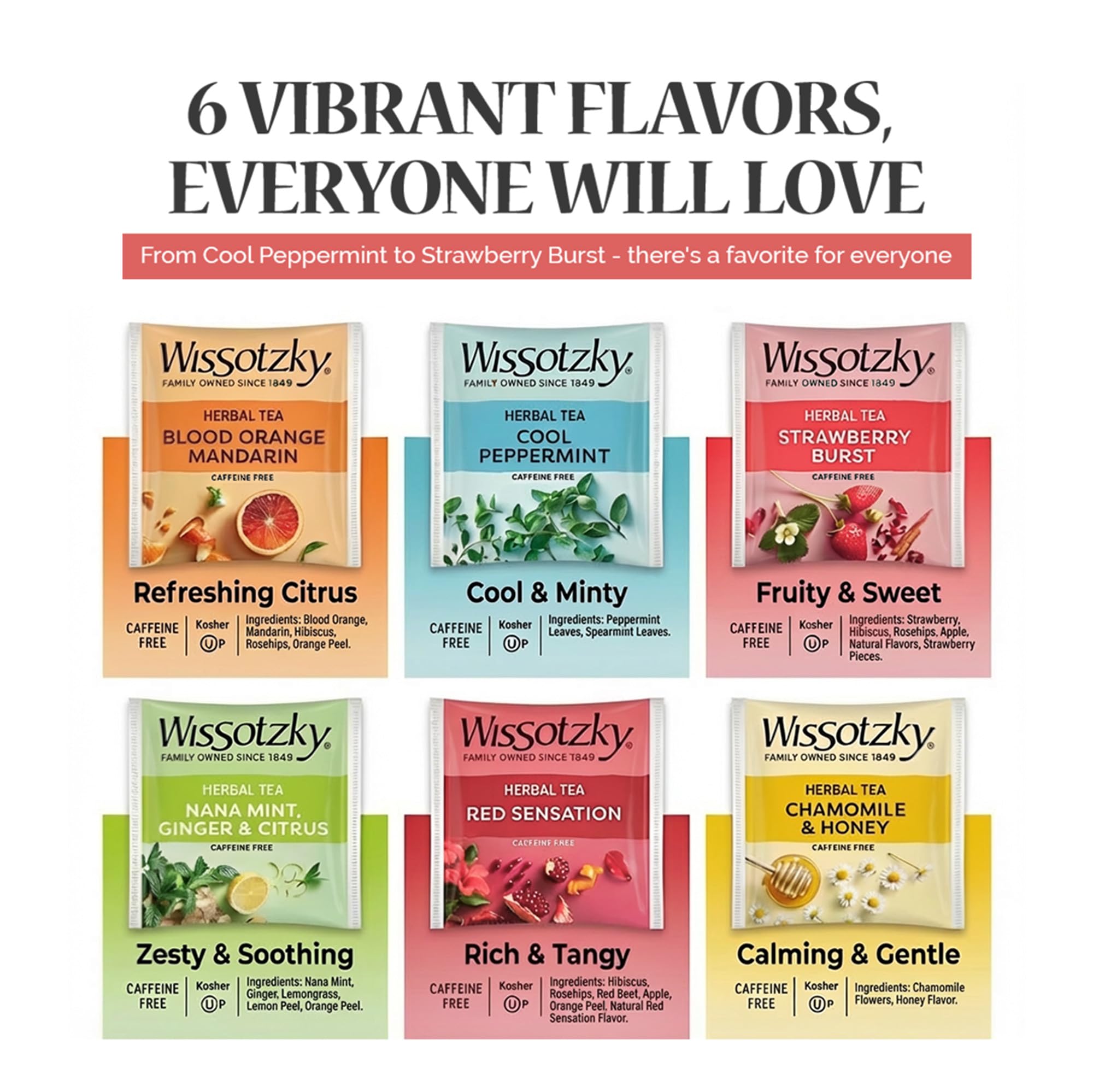 Wissotzky Herbal Tea Variety Pack Sampler (42 Tea Bags) in a Premium Reusable Gift Box | Mothers Day Gift | Caffeine-Free | 6 Exciting Flavors | Individually Wrapped Tea Bags | Ideal Present for Holiday & Corporate Gifting | Magnetic Closure Box | Kosher