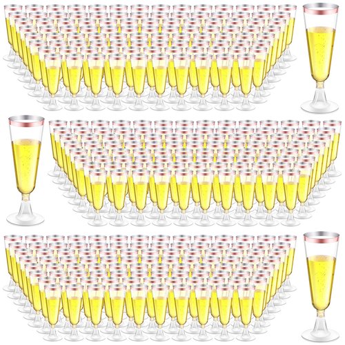Gerrii 300 Pcs Plastic Champagne Flutes Bulk, 4.5 oz Clear Disposable Champagne Flutes, Rimmed Toasting Glasses for Wedding Birthday Anniversary Celebration Party Wine(Rose Gold Rim)